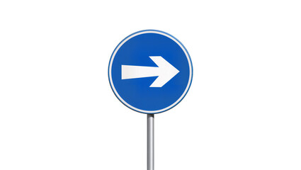 Mandatory blue circular road sign with a bold white right-pointing arrow on a grey metallic pole, isolated on transparent background for traffic guidance © Alexander