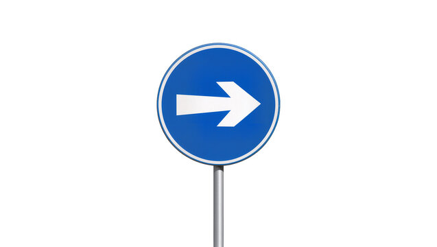 Mandatory blue circular road sign with a bold white right-pointing arrow on a grey metallic pole, isolated on transparent background for traffic guidance