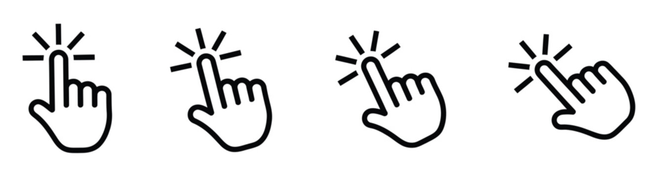 Click hand cursor icon set, collection of pointer gestures, mouse click symbols, UI UX design elements, web navigation indicators, modern digital interface icons for apps and websites.