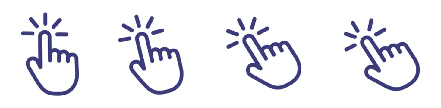 Click hand cursor icon set, various pointing hands and tapping gestures, user interface symbols, touchscreen interaction icons, flat design style, essential elements for mobile and web applications.