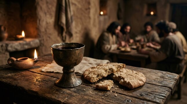 Elements of the last supper like broken bread, a chalice of wine, and oil lamp, with disciples in the background, symbolizing the eucharist
