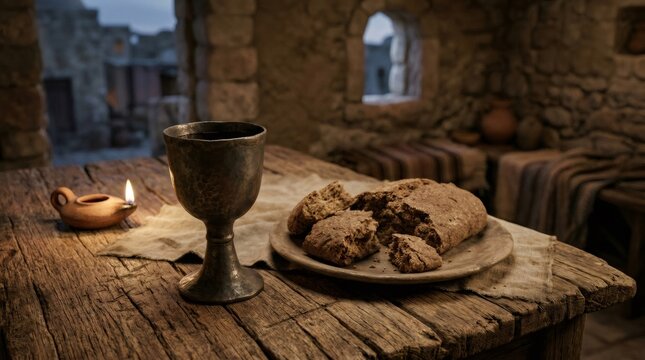 Rustic table presenting broken bread, wine chalice, and burning oil lamp, symbolizing jesus' last supper and communion ritual