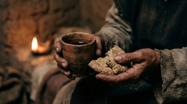 Hands holding communion bread and wine cup