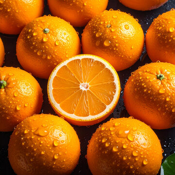 Fresh oranges with water droplets and one half orange on dark surface