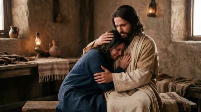 Jesus comforting suffering woman with compassion and embrace