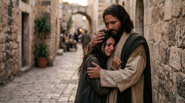 Jesus comforting crying woman in ancient jerusalem street