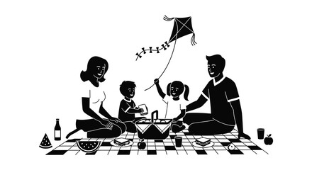 A family enjoys a picnic outdoors a kite soaring above depicted in a striking black silhouette high quality professional detailed modern © GDOthoi02