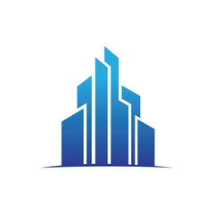 Fototapeta premium Modern abstract blue gradient skyscraper building logo symbol on white background with Real Estate