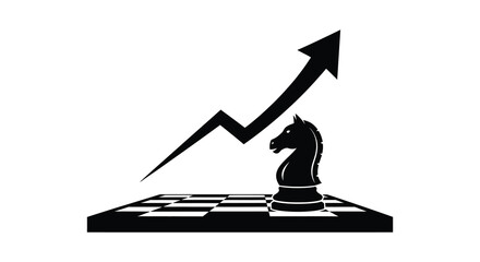 A black chess knight stands on a board as an arrow points upwards symbolizing strategic growth silhouette high quality professional © GDOthoi02