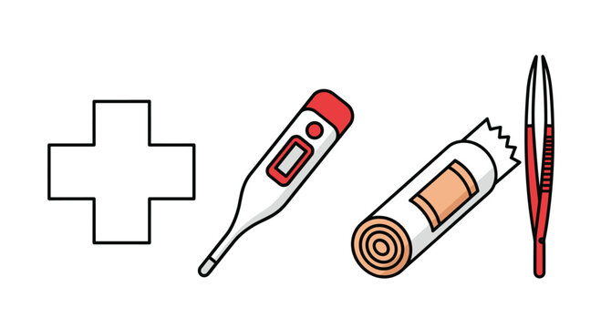 Medical supplies including a cross digital thermometer bandage and tweezers on a for healthcare and first aid concepts, Generative AI.