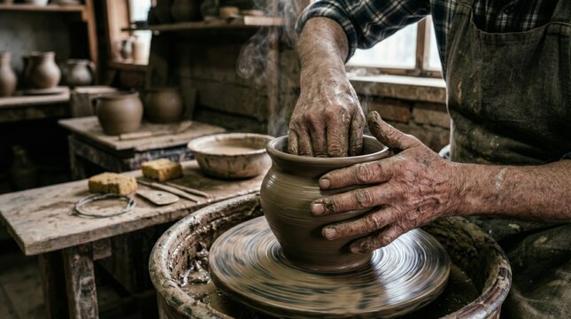 Potter shaping clay vessel on spinning wheel in studio. Artisan creating ceramic work with hands. Biblical metaphor of God as creator shaping human life. Traditional antique craft concept.