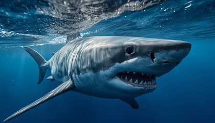 Fototapeta premium A formidable great white shark with its mouth wide open, revealing sharp teeth, glides menacingly underwater.