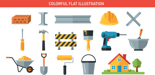 Colorful Flat Construction Tools Vector Illustration with Hammer, Screwdriver, Drill, Paint, Bucket, and House for DIY, Home Improvement, and Building Projects © Sirajul