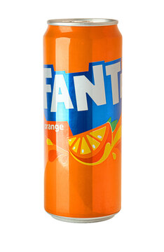 Fanta orange soda can on transparent background