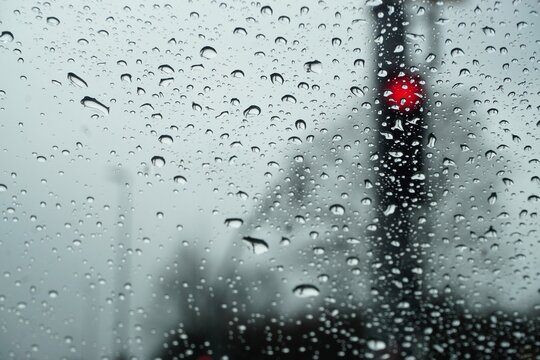 Abstraktes Motiv mit Regentropfenmuster vor roter Ampel, Baum und grauem Himmel in Stadt bei Regen, sturm und K&auml;lte am Morgen im Winter