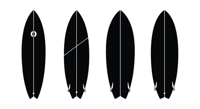 Four surfboard designs displayed as black shapes a striking silhouette