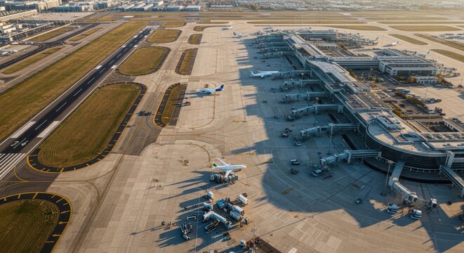 Aerial view of busy airport with airplanes and terminals during daytime.
