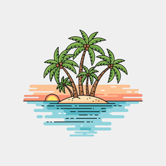 Fototapeta premium Tropical Island Paradise: Palm Trees on Sandy Islet at Sunset, Ocean View