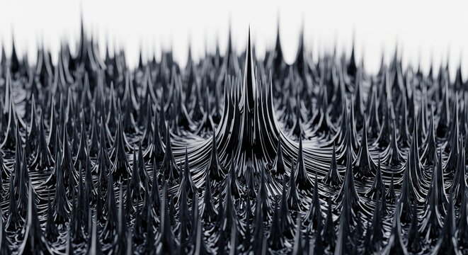 A fascinating view of black ferrofluid reacting to a magnet to create a field of sharp metallic peaks.