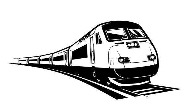 Passenger train front perspective entering curve dynamic vector illustration isolated on white background