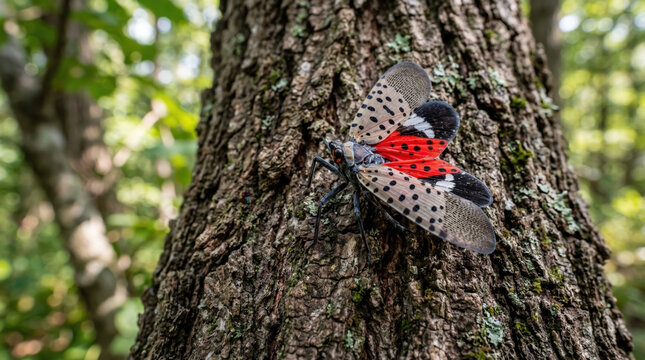 Lanternfly perched on tree trunk displays intricate pattern and vibrant colors. Lanternfly enhances natural setting with stunning details on bark and foliage.