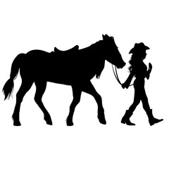 Fototapeta premium Cowgirl walking with her horse silhouette on transparent background representing rural lifestyle