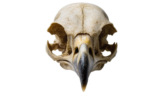 Weathered avian skull with dark pointed beak, isolated on transparent background