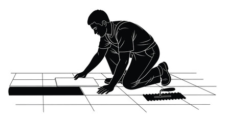 A man kneeling and installing tile flooring depicted in a striking black silhouette high quality professional detailed modern elegant stylish clean © GDOthoi02