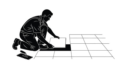 A man kneels to lay a tile on a floor showcasing the installation process in a striking silhouette high quality professional © GDOthoi02