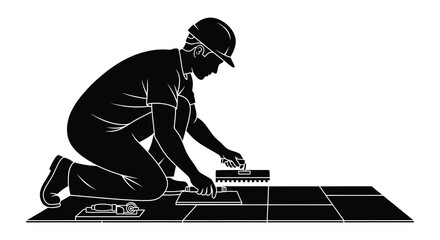 A construction worker kneels repairing flooring with tools depicted in a striking black silhouette high quality professional detailed modern elegant stylish © GDOthoi02