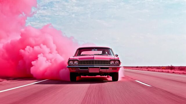 Classic car drifting with pink smoke