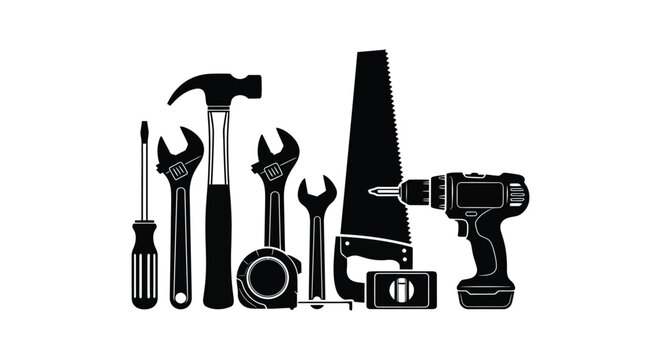 A collection of black tool silhouettes including a hammer wrench screwdriver and power drill silhouette high quality professional detailed modern elegant