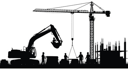 Construction site with a towering crane excavators and workers all presented in a striking silhouette high quality professional detailed modern elegant © AsfiqurRahman