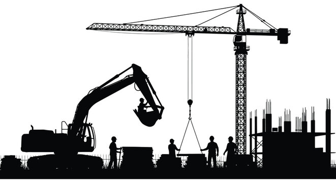 Construction site with a towering crane excavators and workers all presented in a striking silhouette high quality professional detailed modern elegant