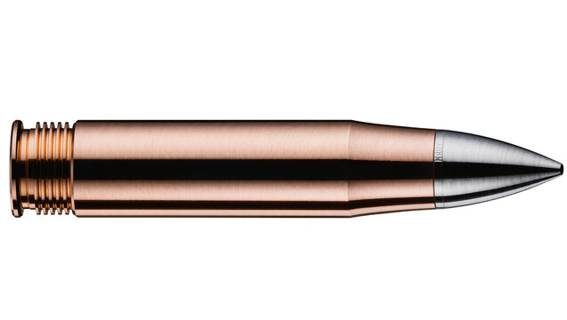 Copper rifle bullet silver tip threaded base, isolated on transparent background