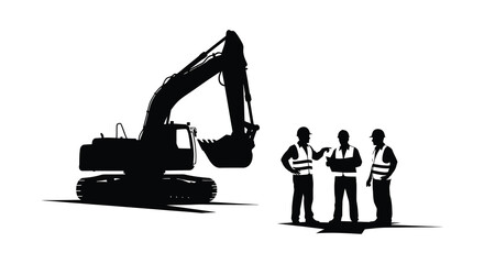 Construction scene depicting an excavator and workers in discussion all rendered as a striking silhouette high quality professional detailed modern elegant © AsfiqurRahman