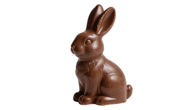 Delicious milk chocolate Easter bunny with detailed fur texture sitting upright isolated on transparent background, a sweet holiday confectionery
