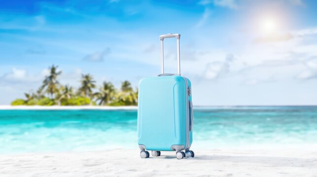 Sleek light blue hard shell suitcase with silver wheels on a white sand beach with turquoise ocean water, palm trees, and tropical sunny sky in sharp focus.