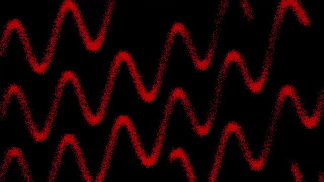 Abstract red glowing particle wave lines on black background, digital sound frequency signal animation