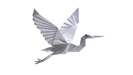 White paper origami bird with spread wings, isolated on transparent background