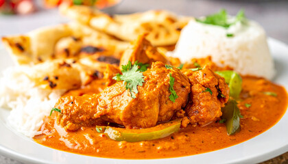 Fototapeta premium Savory chicken tikka masala with fluffy white rice and grilled naan bread garnished with fresh green herbs