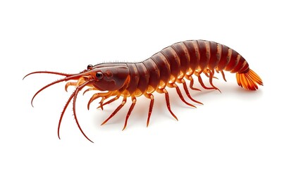 Fototapeta premium A detailed, vibrant reddish-brown shrimp or prawn with many legs and long antennae, isolated on white.