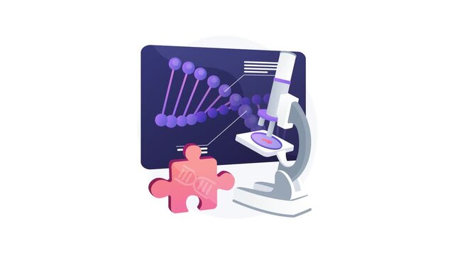A microscope and a screen displaying a chromosome. An animation about genetic engineering in a flat vector art style