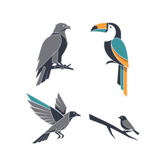 Fototapeta premium Set of stylized birds: eagle, toucan, crow, sparrow, graphic design, vector art