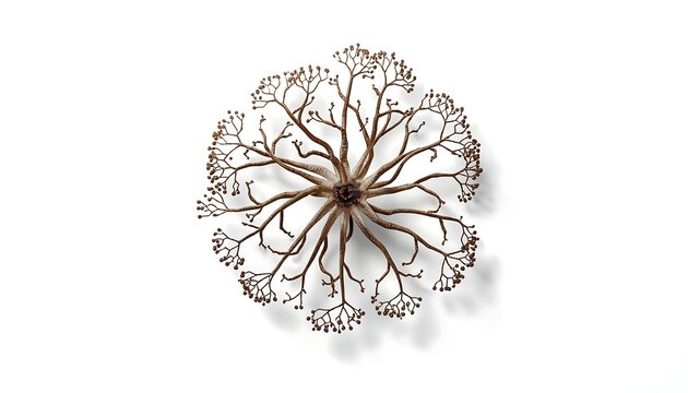 A delicate, intricate dried coral or plant-like formation with numerous radiating branches centered on a clean white background.