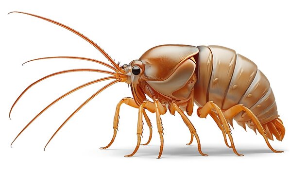 A large, detailed illustration of an orange-brown deep-sea isopod crustacean stands prominently on a clean white background.