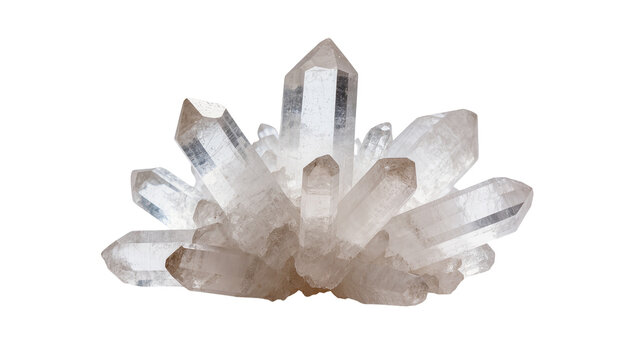 Clear quartz crystal cluster, naturally isolated on transparent background