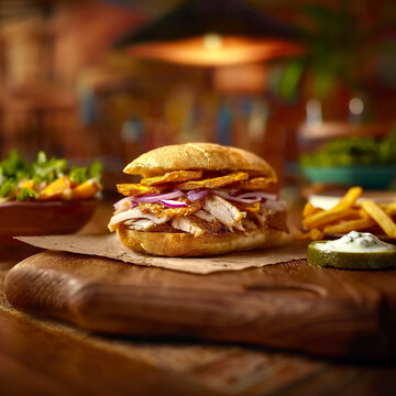 imagen hiper realistic de un sandwhich peruano de chicha 