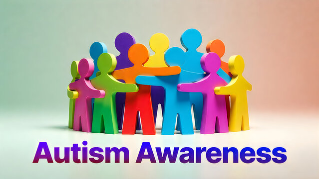 A colorful group of human figures standing together symbolizing unity and autism awareness support