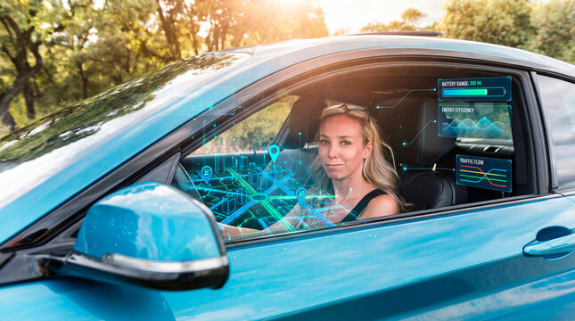 Professional woman navigating city route with augmented reality